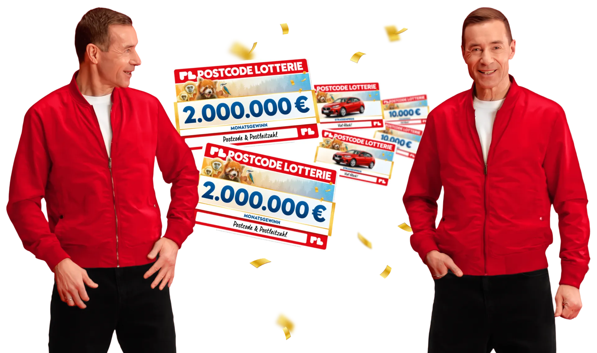 Postcode Lotterie Schecks mit 2.000.000 € Monatsgewinn sowie weiteren Preisen wie Auto und 10.000 Euro