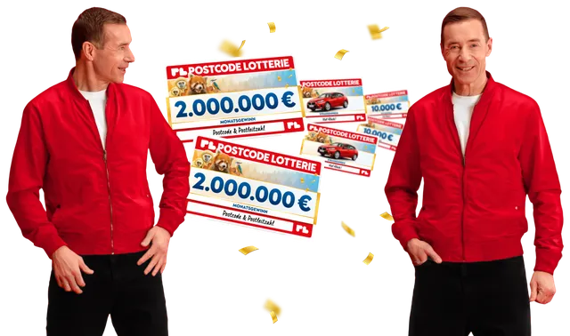 Postcode Lotterie Schecks mit 2.000.000 € Monatsgewinn sowie weiteren Preisen wie Auto und 10.000 Euro