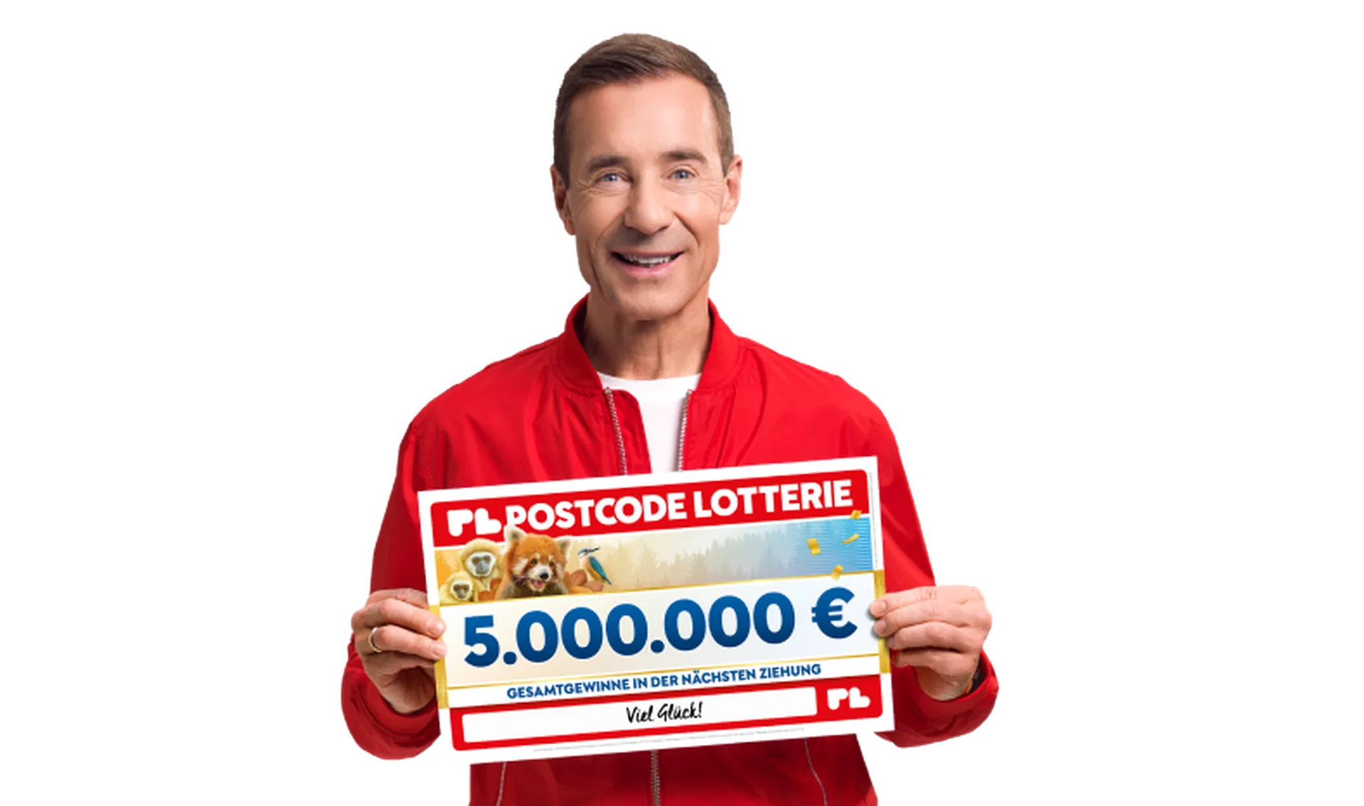 Mann in roter Jacke mit 5.000.000-Euro-Schild; daneben der Text „Rund 5 Millionen € Gesamtgewinne“ und „In der nächsten Ziehung“.