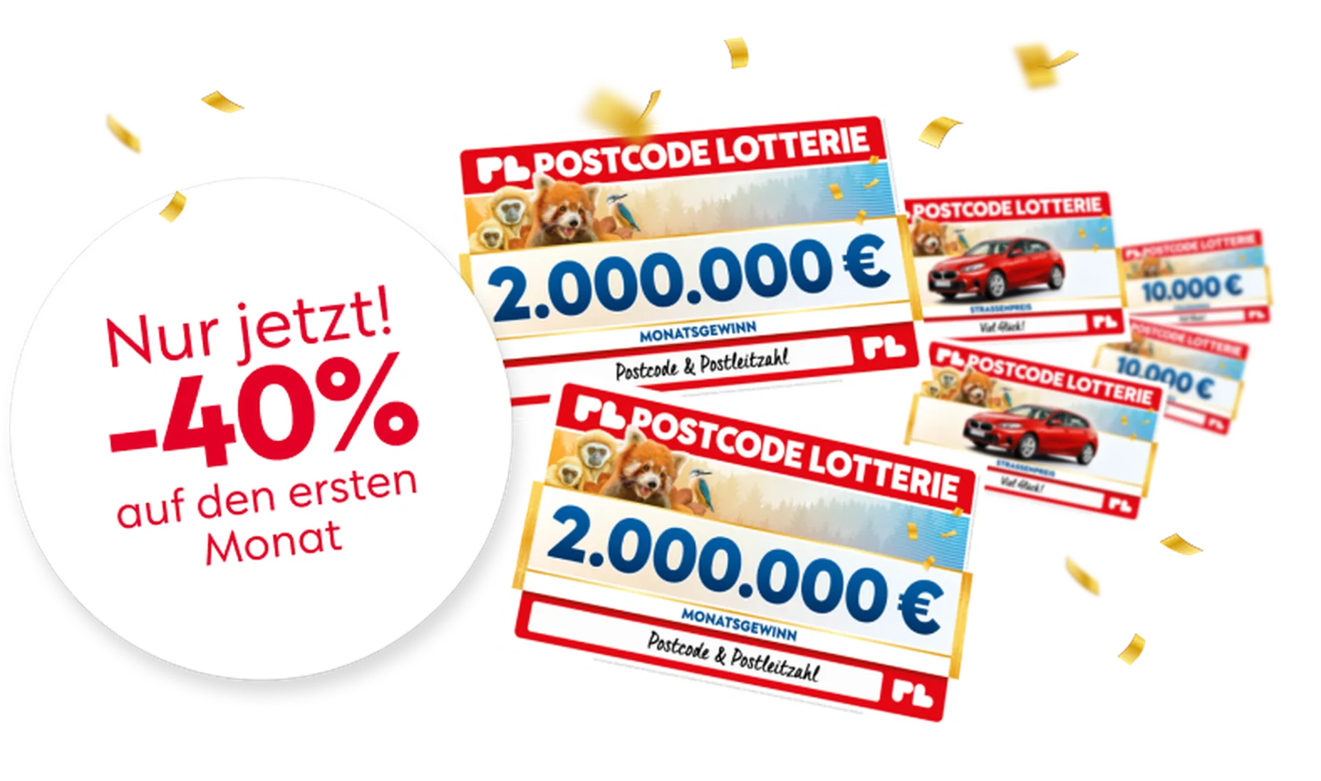 Postcode Lotterie Schecks mit 2.000.000 € Monatsgewinn sowie weiteren Preisen wie Auto und 10.000 Euro