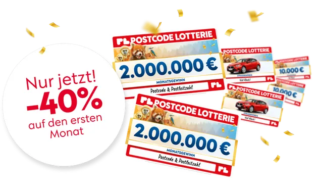 Postcode Lotterie Schecks mit 2.000.000 € Monatsgewinn sowie weiteren Preisen wie Auto und 10.000 Euro