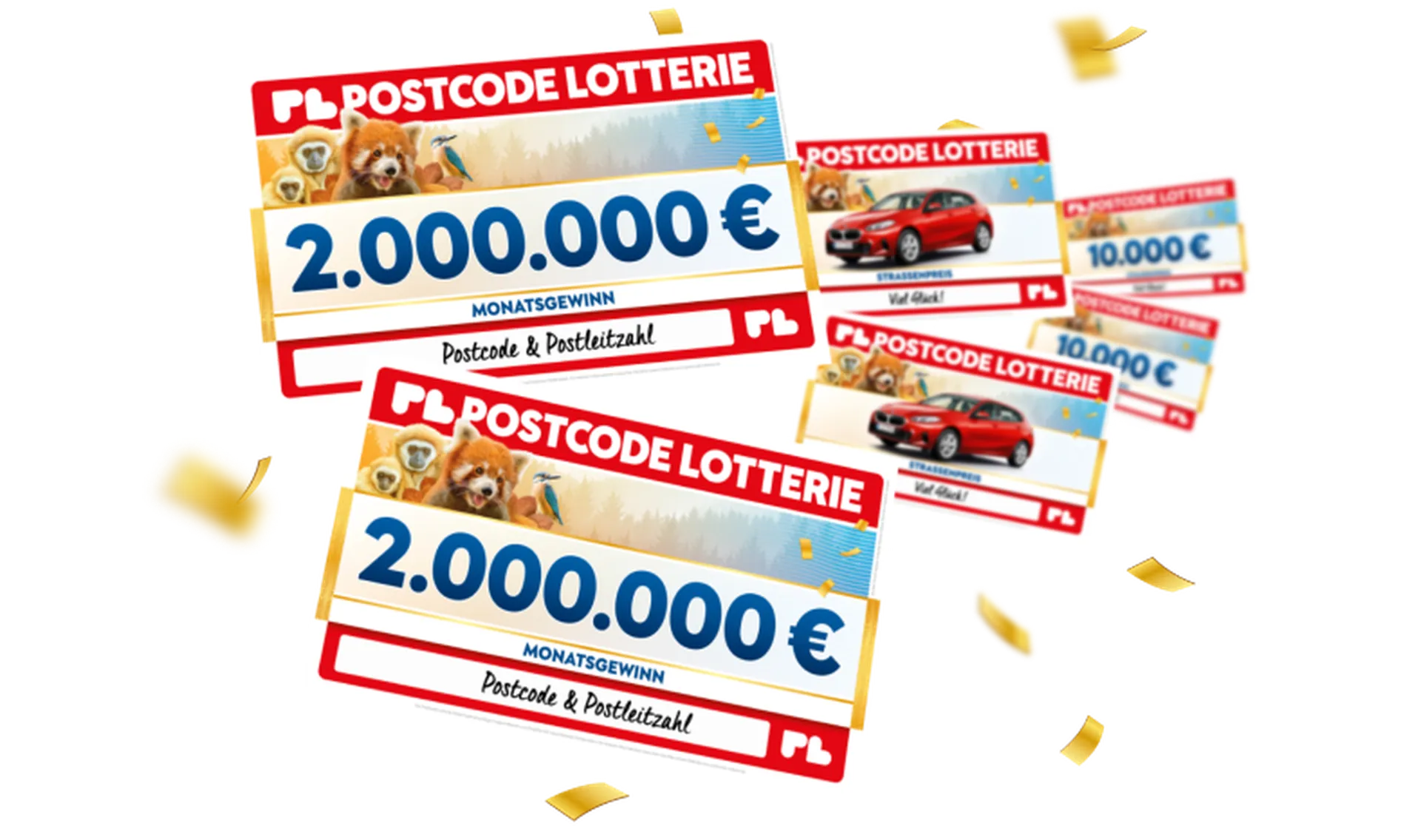 Postcode Lotterie Schecks mit 2.000.000 € Monatsgewinn sowie weiteren Preisen wie Auto und 10.000 Euro