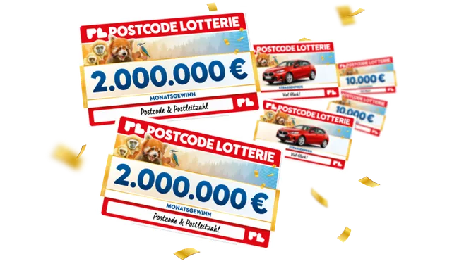 Postcode Lotterie Schecks mit 2.000.000 € Monatsgewinn sowie weiteren Preisen wie Auto und 10.000 Euro