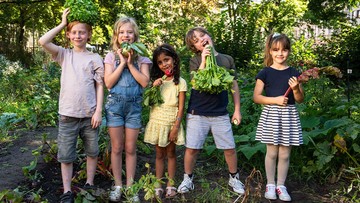 Fünf Kinder stehen in einem Garten, halten frisches Gemüse in den Händen und lächeln. Üppiges Grün umgibt sie an einem sonnigen Tag.