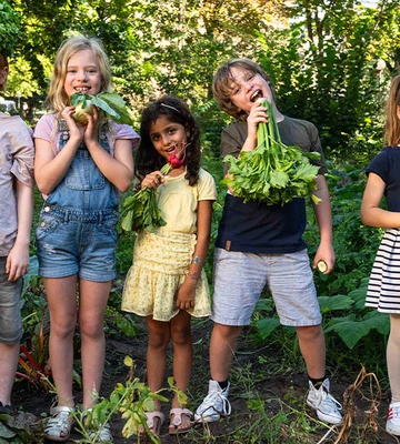 Fünf Kinder stehen in einem Garten, halten frisches Gemüse in den Händen und lächeln. Üppiges Grün umgibt sie an einem sonnigen Tag.