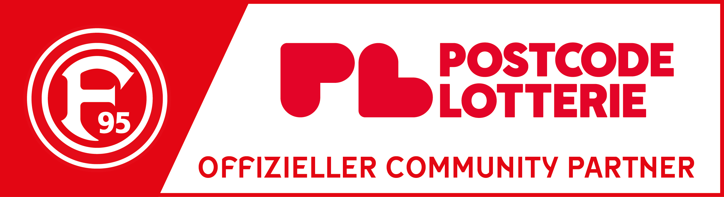 Rotes Banner mit dem Fortuna-Düsseldorf-F95-Logo neben dem Schriftzug „Postcode Lotterie“ und dem Text „Offizieller Community Partner“.