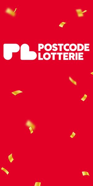 Das Logo der Postcode Lotterie auf rotem Hintergrund mit goldenem Konfetti